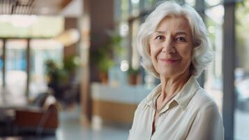 Portrait of a Smiling Senior Woman in a Bright Modern Setting photo
