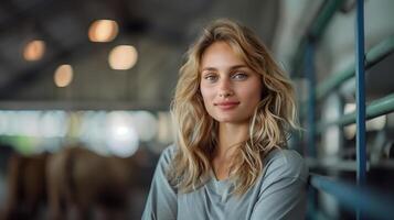 Beautiful Woman in Work Uniform Posing Confidently in a Farm Setting photo