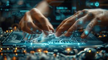 Close-Up of Hands Working on Futuristic Digital Interface in Technology Laboratory photo