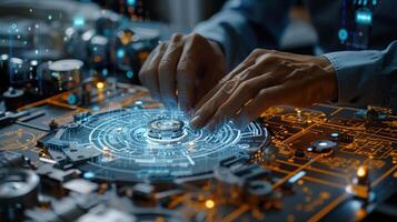 Close-Up of Hands Working on Futuristic Electronic Circuit Board in Technology Laboratory photo