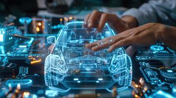 Close-Up of Hands Interacting with Holographic Car Interface in High-Tech Laboratory photo