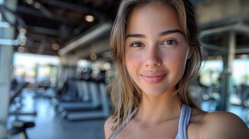 Smiling Young Woman at Gym Taking a Selfie After Workout photo