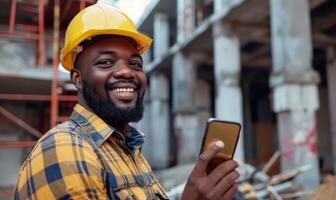 Smiling Male Construction Worker Holding Smartphone on Building Site photo