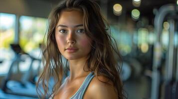 Beautiful Woman with Long Hair in Gym Setting with Soft Natural Lighting photo