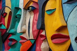 Close-Up Shot Of Abstract Sculpture Art With Colorful Human Faces In Detail photo