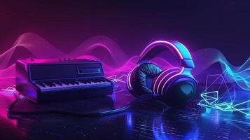 Cartoon-Style 3D Rendering of Headphones and Keyboard with Neon Lights photo