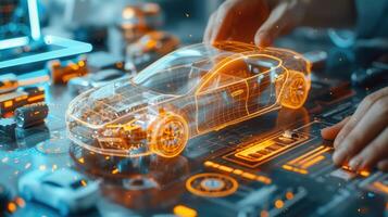 Engineer Working on Futuristic Automotive Design with Augmented Reality Technology photo