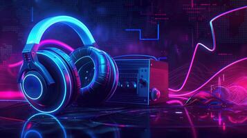 Futuristic 3D Rendering of Glowing Headphones and Audio Equipment in Neon Lights photo