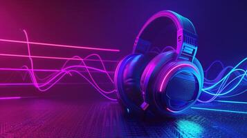 3D Render of Neon-Lit Headphones with Colorful Sound Waves in a Digital Concept photo