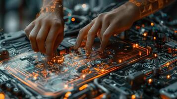 Close-Up of Hands Working on Futuristic Circuit Board with Glowing Elements photo