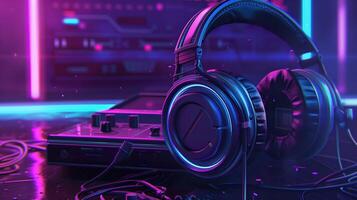 Futuristic Neon 3D Rendering of Headphones with Audio Mixer in Background photo
