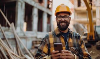 Smiling Male Construction Worker Using Smartphone at Building Site photo