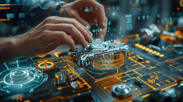 Close-Up of Hands Working on a Futuristic Touchscreen Interface with Holographic Displays photo