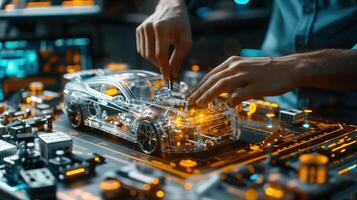 Close-Up of Hands Working on High-Tech Car Model in Futuristic Workshop photo