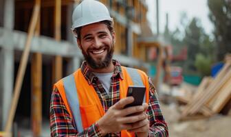 Smiling Male Construction Worker Using Smartphone at Building Site photo