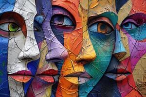 Abstract Close-Up of Four Faces in Vibrant Colors and Textured Patterns photo