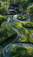 Bird's-Eye View of a Modern Chinese Landscape Garden with Greenery and Pathways photo