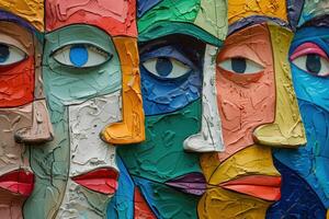 Close-Up of Colorful Abstract Human Faces in a Textured Artistic Painting photo