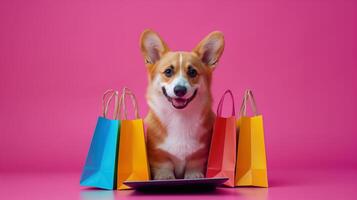 Adorable Corgi Dog Enjoying Online Shopping with Colorful Bags on Pink Background photo