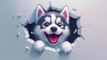 Adorable Husky Puppy Breaks Through Wall with Happy Expression photo