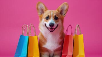 Adorable Corgi Dog Posing with Colorful Shopping Bags on Pink Background photo
