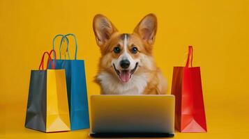 Cute Corgi Dog Doing Online Shopping with Colorful Bags Against Yellow Background photo