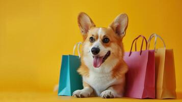 Cute Corgi Dog Enjoying Online Shopping With Colorful Bags On Yellow Background photo