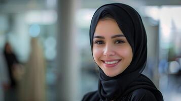 Happy Female Saudi Influencer Smiling in Black Hijab with Blurred Background photo