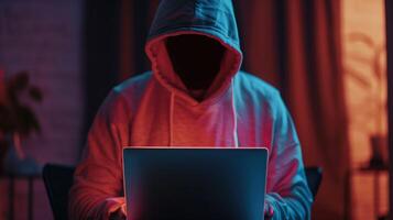 Hacker in Dark Hoodie Surrounded by Shadows Working on Laptop at Night photo