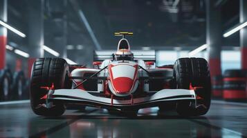 Front View of a Red and White Formula 1 Car in a Modern Garage photo