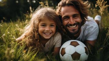 Happy Father and Daughter Lying on Grass with Soccer Ball on Sunny Day photo