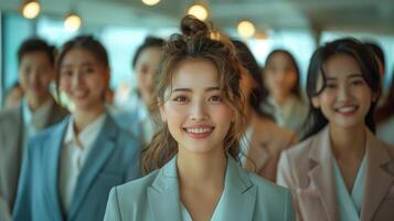 Group of Young and Energetic Asian Professionals Smiling in a Modern Office Setting photo