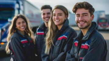Group of Young Smiling Workers in Uniform Standing Outside photo