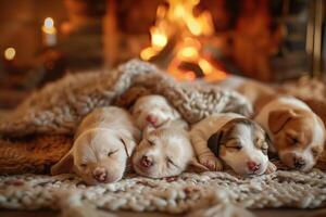 Cute Puppies Sleeping by the Cozy Fireplace with Warm Knitted Blankets photo