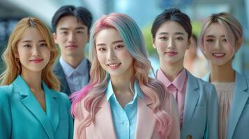 Group of Young Energetic Asian Professionals Smiling Together in Modern Office Setting photo
