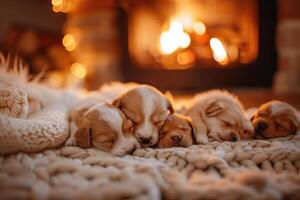 Cozy and Heartwarming Scene With Sleeping Puppies By The Fireplace photo