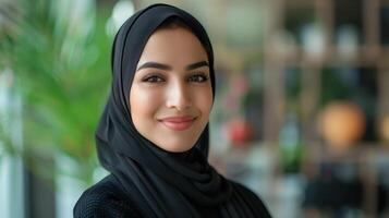 Smiling Saudi Woman in Hijab, Exuding Confidence and Happiness Indoors photo