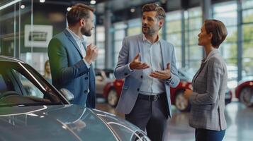 Car Salesperson Discussing Vehicle Options with Customers in Modern Showroom photo