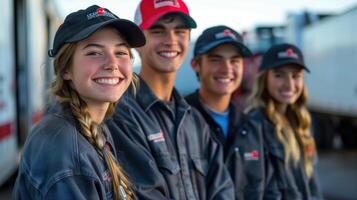 Group of Smiling Young People in Uniform Standing Outdoors, Ready for Work photo