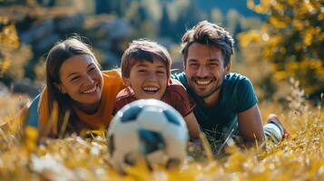 Happy Family Enjoying Outdoor Soccer Game in Beautiful Nature Setting photo