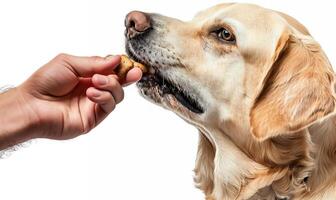 Hand Feeding a Dog Treat to a Happy Labrador Retriever photo