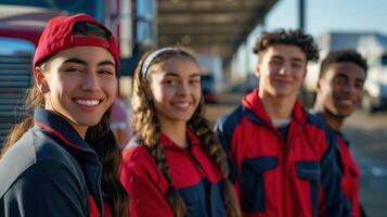 Group of Young Smiling People in Casual Uniforms Outdoors in Sunny Weather photo