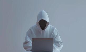 Mysterious Person in White Hoodie Using Laptop for Online Activity in Minimalist Setting photo