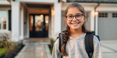 Happy Smiling Girl with Glasses and Backpack Outside Home in the Evening photo