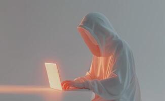 Anonymous Person in White Hoodie Using a Laptop in Dim Light photo