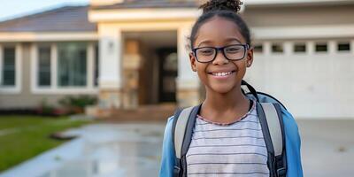 Happy Smiling African American Girl with Glasses and Backpack Standing in Front of House photo