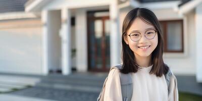Happy Smiling Asian Girl with Glasses Standing Outside House with Backpack photo
