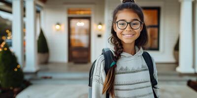 Happy Smiling Girl Wearing Glasses and Backpack Standing In Front of Modern Home photo