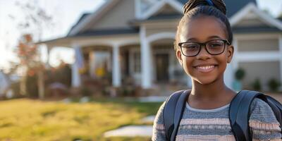 Smiling African American Girl Wearing Glasses and Backpack Standing in Front of House photo