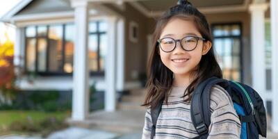 Happy Smiling Asian Girl with Glasses and Backpack in Front of House photo